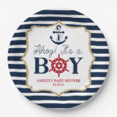 Ahoy Het is een jongen Nautical Navy Blue Baby sho Papieren Bordje (Voorkant)