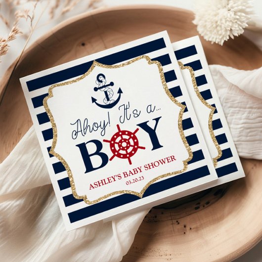 Ahoy Het is een jongen Nautical Navy Blue Baby sho Servet