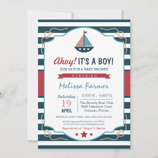 Ahoy, het is een jongen! Nautical Navy & Red Baby  Kaart (Voorkant)