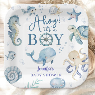 Ahoy Het Is Een Jongen Nautilus Baby Shower Blauw Papieren Bordje