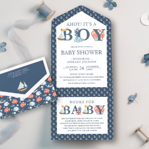 Ahoy Het is een Jongen Nautisch Baby shower All In One Uitnodiging