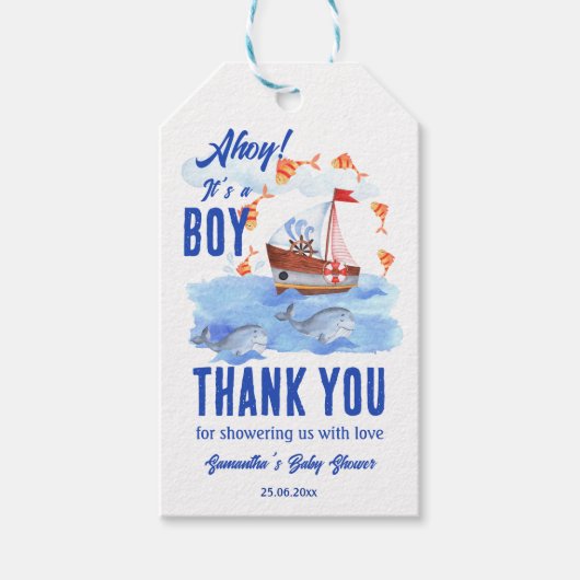 Ahoy, het is een jongen-nautisch baby shower bedan cadeaulabel (Voorkant)