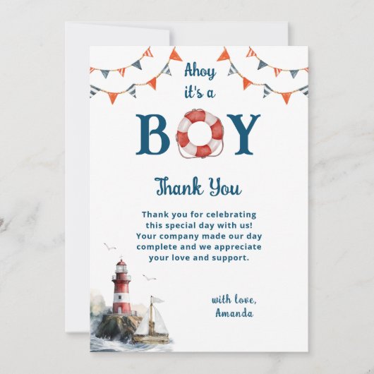 Ahoy Het is een Jongen Nautisch Baby shower Bedankkaart (Voorkant)