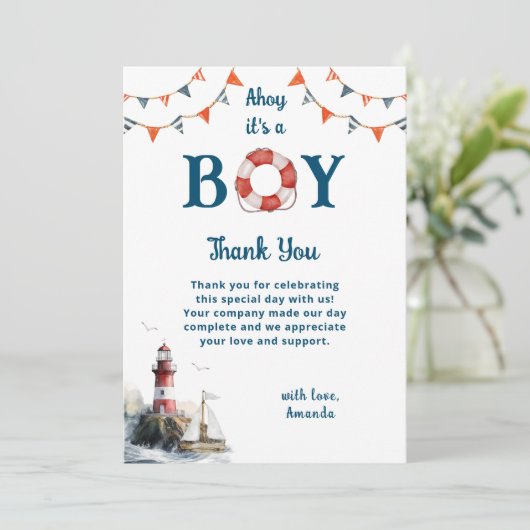 Ahoy Het is een Jongen Nautisch Baby shower Bedankkaart (Staand voorkant)