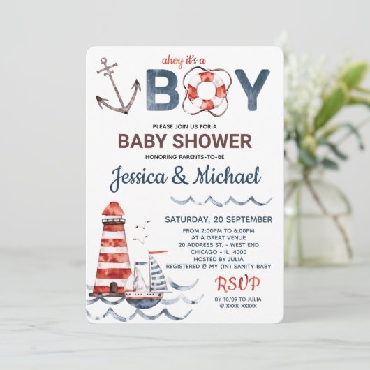 Ahoy Het is een Jongen Nautisch Baby shower Kaart (Staand voorkant)