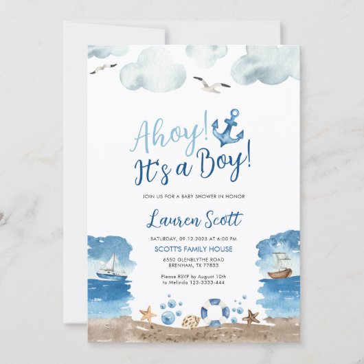 Ahoy Het is een jongen | nautisch Baby shower Kaart (Voorkant)