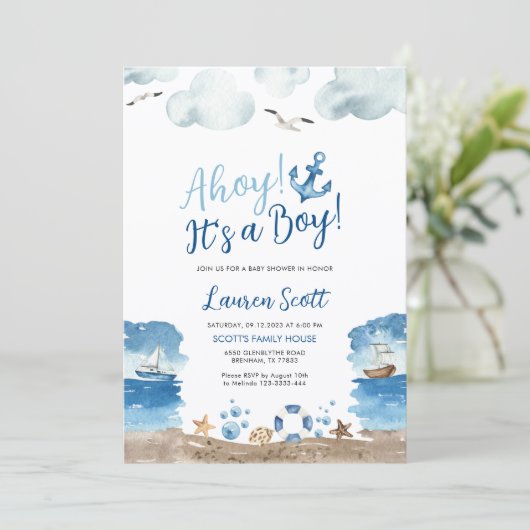 Ahoy Het is een jongen | nautisch Baby shower Kaart (Staand voorkant)