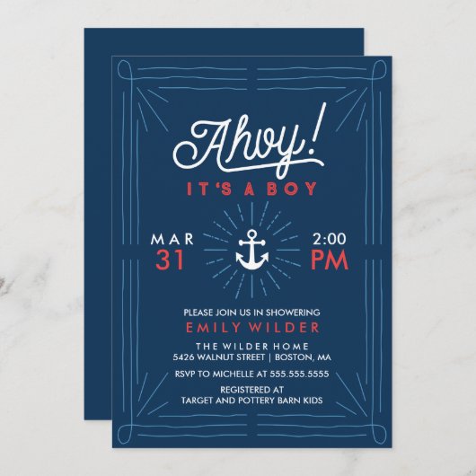 Ahoy Het is een jongen | Nautisch Baby shower Kaart (Voorkant / Achterkant)