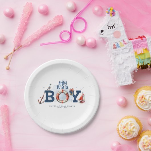 Ahoy Het is een Jongen Nautisch Baby shower Papieren Bordje (Feest)