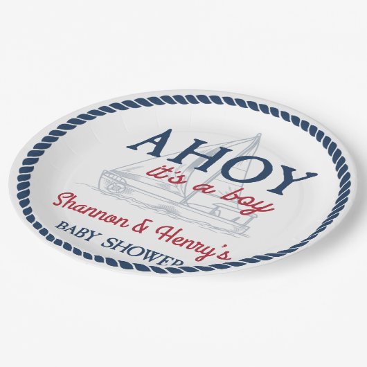 Ahoy Het is een Jongen Nautisch Baby shower Papieren Bordje (Gekanteld)