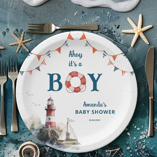 Ahoy Het is een Jongen Nautisch Baby shower Papieren Bordje