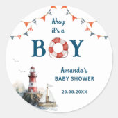 Ahoy Het is een Jongen Nautisch Baby shower Ronde Sticker (Voorkant)