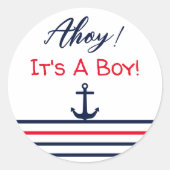 Ahoy, het is een jongen! Nautisch Baby shower Ronde Sticker (Voorkant)