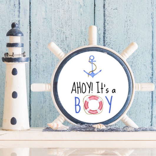 Ahoy, het is een jongen! Nautisch Baby shower Ronde Sticker