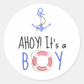 Ahoy, het is een jongen! Nautisch Baby shower Ronde Sticker (Voorkant)