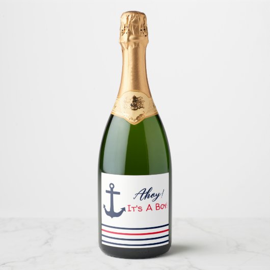 Ahoy, het is een jongen! Nautisch Baby shower Sparkling Wijnetiket (Voorkant)
