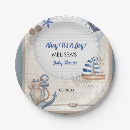 Ahoy het is een jongen nautisch baby shower thema papieren bordje (Voorkant)
