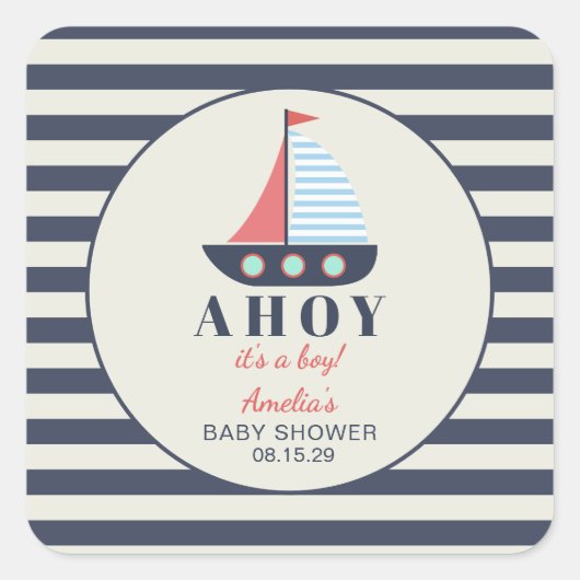 Ahoy Het is een Jongen Nautisch Baby shower Vierkante Sticker (Voorkant)