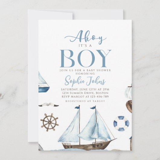 Ahoy Het is een Jongen Nautisch Blauw Boot baby sh Kaart (Voorkant)