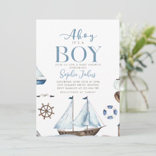Ahoy Het is een Jongen Nautisch Blauw Boot baby sh Kaart (Staand voorkant)