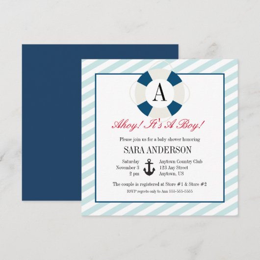 Ahoy het is een jongen nautisch monogram Baby show Kaart (Voorkant / Achterkant)