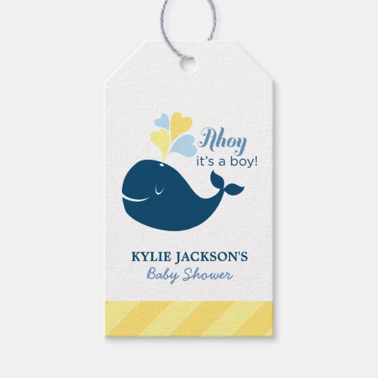 Ahoy, het is een jongen Nautisch walvis babyshower Cadeaulabel (Voorkant)