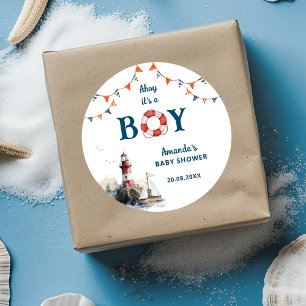 Ahoy het is een jongen Nautische baby shower Ronde Sticker
