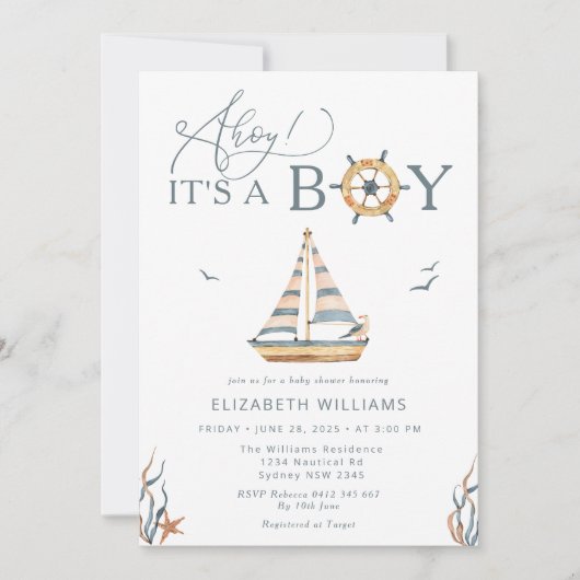 Ahoy Het is een Jongen Nautische Zeilboot Baby sho Kaart (Voorkant)