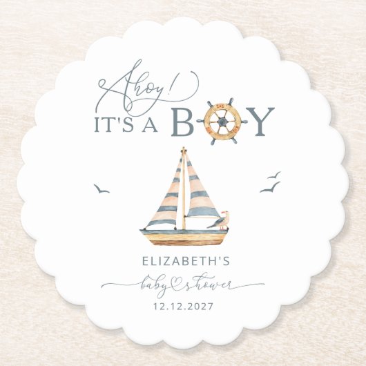 Ahoy Het is een jongen nautische zeilboot Kartonnen Onderzetters (Voorkant)