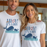 Ahoy het is een jongen oceaanwalvissen Geslacht on T-shirt<br><div class="desc">Ahoy het is een Boy ocean themed t-shirt voor gender reveal, geboorte aankondiging, baby shower, sip and see etc. "Ahoy! it's a boy" is bedrukt in decoratieve typografie met een boei en een kapiteinstelescoop. Het vrolijke walvisontwerp is een schattige waterverf van mama en baby walvissen die in de oceaan zwemmen....</div>