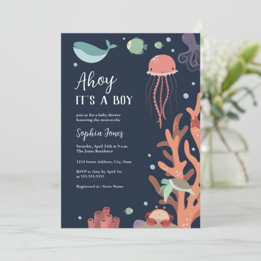 Ahoy Het is een jongen onder het Zee Blue Baby sho Kaart (Staand voorkant)