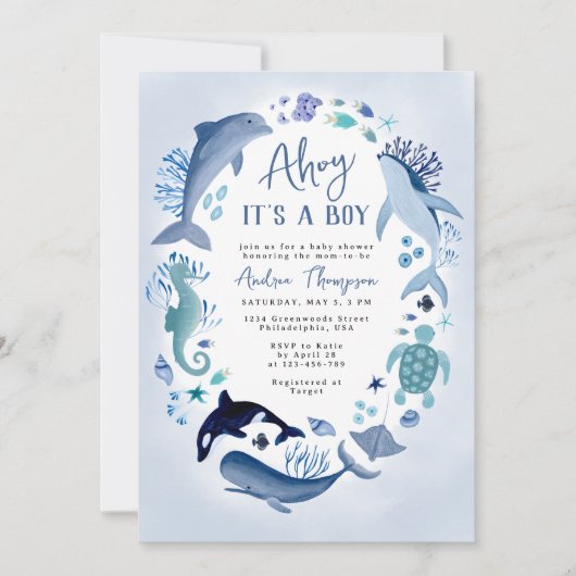 Ahoy Het is een jongen onder het Zee Blue Baby sho Kaart (Voorkant)