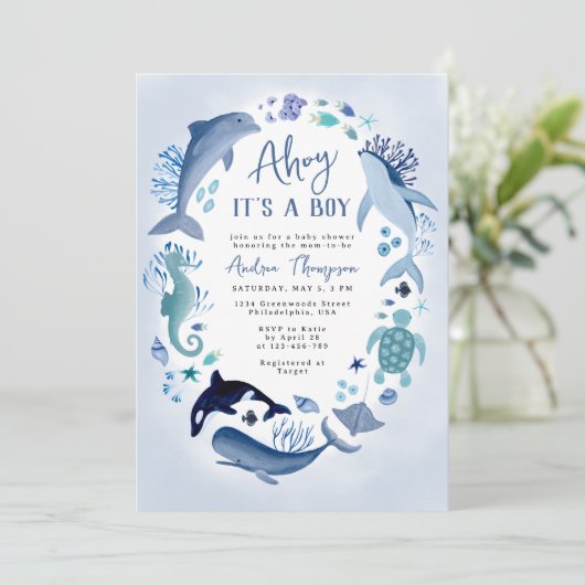 Ahoy Het is een jongen onder het Zee Blue Baby sho Kaart (Staand voorkant)