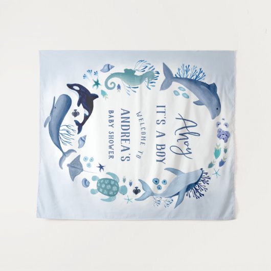 Ahoy Het is een jongen onder het Zee Blue Baby sho Wandkleed (Voorkant (horizontaal))