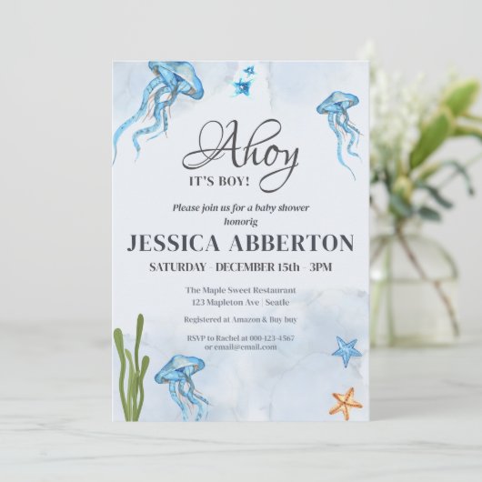 Ahoy Het is een jongen onder het zeeen Baby shower Kaart (Staand voorkant)