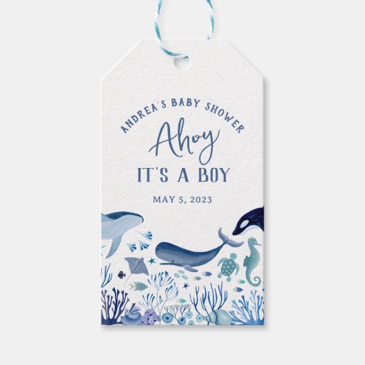Ahoy Het is een jongen onder Zee Baby shower Dank  Cadeaulabel (Voorkant)