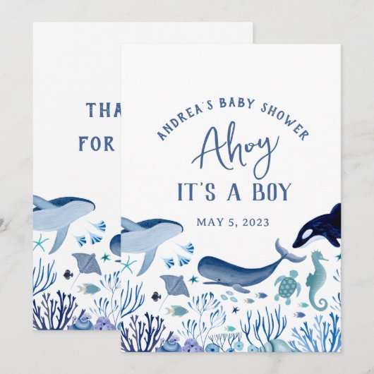 Ahoy Het is een jongen onder Zee Baby shower Dank  Kaart (Voorkant / Achterkant)