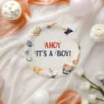 Ahoy het is een jongen piraat Baby shower Papieren Bordje<br><div class="desc">Maak je piratenfeest compleet met onze "Ahoy It's A Boy Pirate Baby shower Paper Borden". Deze feestelijke borden hebben een levendig design met speelse piratenschepen, schatkisten en nautische elementen in vet blauw en rood. Perfect voor het serveren van snacks, desserts of een volledige maaltijd, deze stevige borden voegen een vleugje...</div>