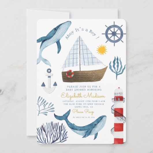 Ahoy Het is een jongen Sail Whale Lighthouse Baby Kaart (Voorkant)