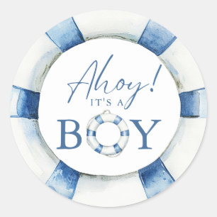 Ahoy Het Is Een Jongen Scheepsreddingsring Baby Sh Ronde Sticker