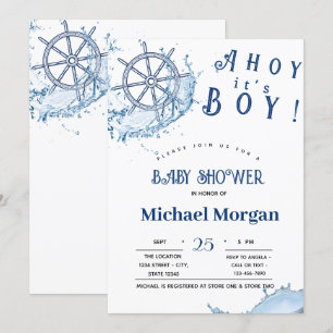 Ahoy het is een jongen, scheepswiel baby shower kaart