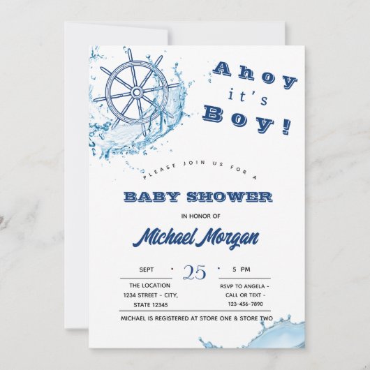 Ahoy het is een jongen, scheepswiel, baby shower s kaart (Voorkant)