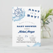 Ahoy het is een jongen, scheepswiel, baby shower s kaart (Staand voorkant)