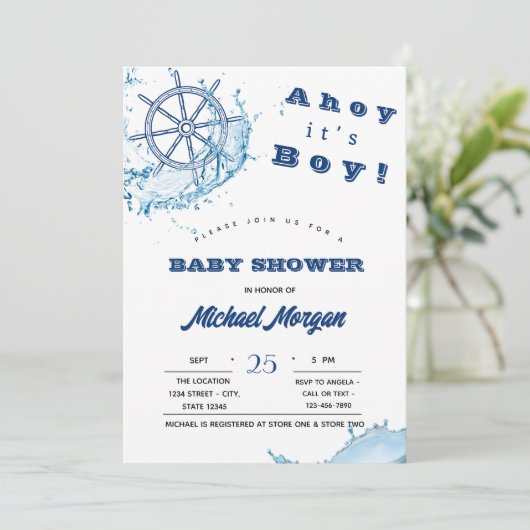 Ahoy het is een jongen, scheepswiel, baby shower s kaart (Staand voorkant)