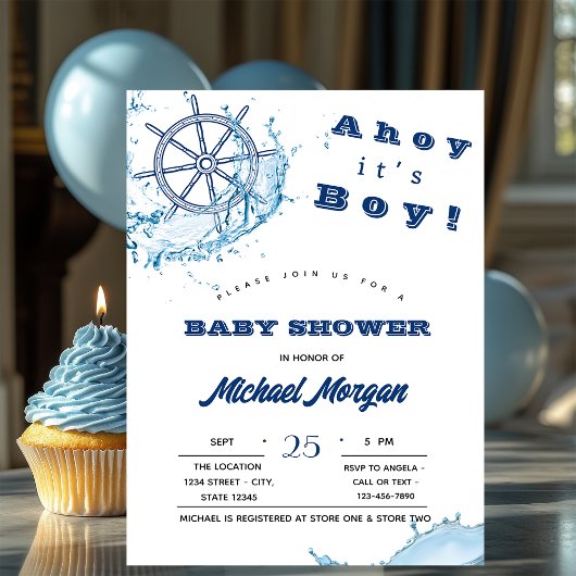 Ahoy het is een jongen, scheepswiel, baby shower s kaart