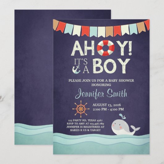 Ahoy Het is een Jongen Shower Uitnodiging Oceanaut (Voorkant / Achterkant)