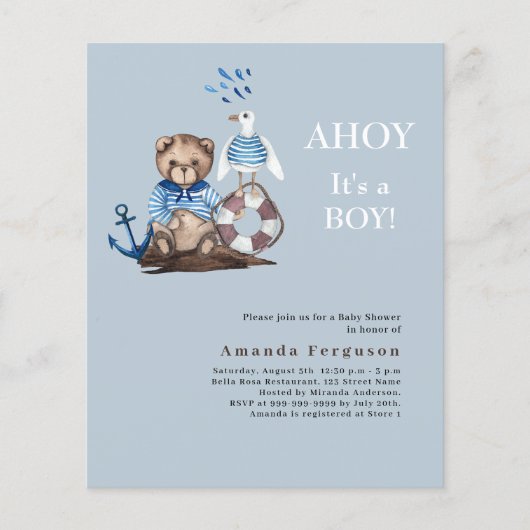 Ahoy het is een jongen teddy zeiler budget Baby sh (Voorkant)