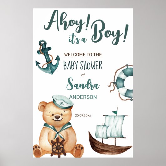 Ahoy het is een jongen teddybeer baby shower welko poster (Voorkant)
