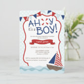 Ahoy, het is een jongen! uitnodiging tot baby show (Staand voorkant)