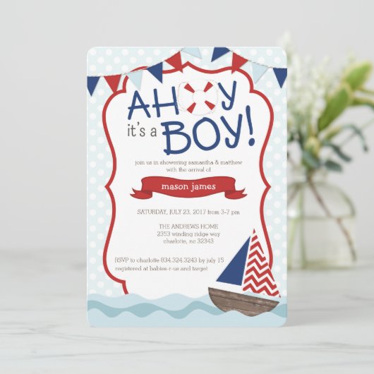 Ahoy, het is een jongen! uitnodiging tot baby show (Staand voorkant)